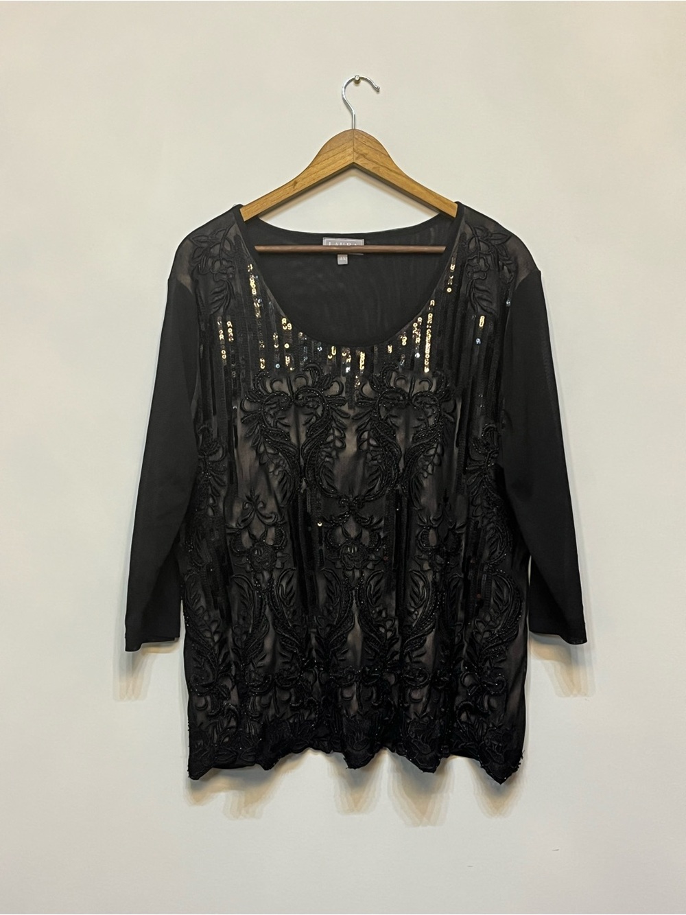 Black Embroidered Scoop Neck Long-Sleeve Top